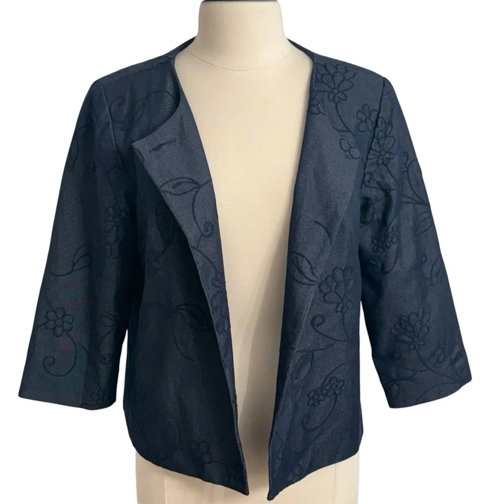 DJ & Co Womens Floral Jacquard Cropped Open Front Jacket, Navy Blue, Size 12‎